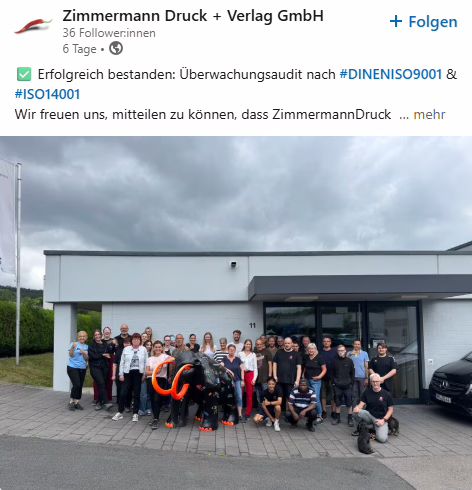 "... für die professionelle Begleitung und kontinuierliche Weiterentwicklung unseres integrierten Managementsystems. Ihre strukturierte Unterstützung im Zertifizierungsaudit war zielgerichtet, lösungsorientiert und partnerschaftlich."